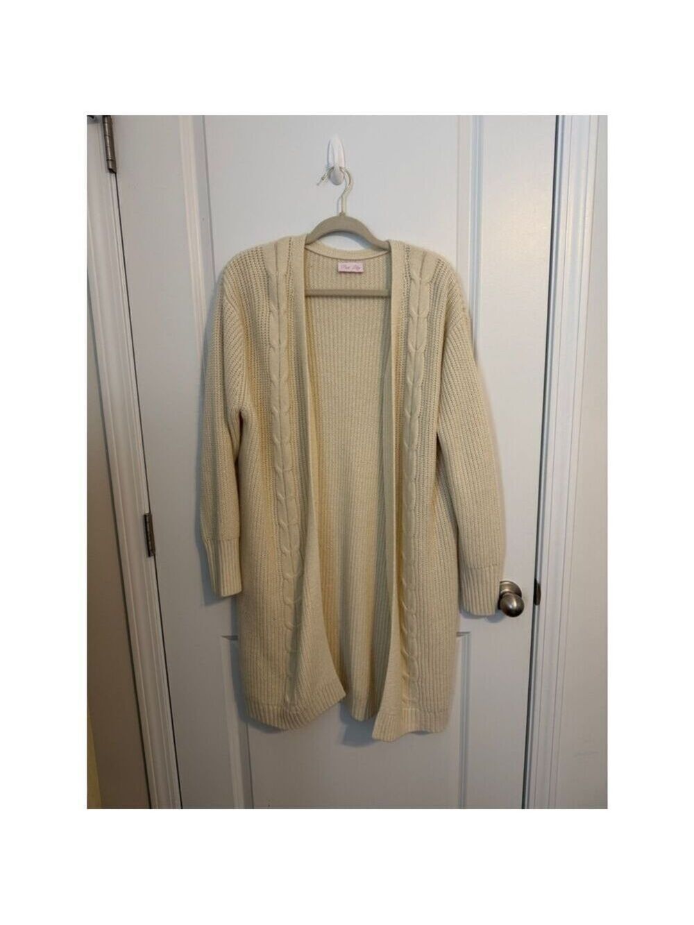 Pink Lily Cable Knit Open Front Cardigan XL Cream Long Sweater